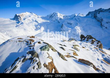 Monte Rosa, 4633 m, Dufourspitze -4634m, Liskamm, 4527m, Wallis, Schweiz Stockfoto