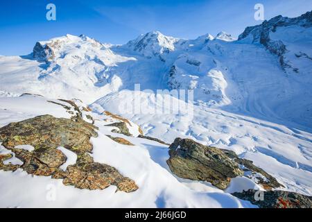 Monte Rosa, 4633 m, Dufourspitze -4634m, Liskamm, 4527m, Wallis, Schweiz Stockfoto