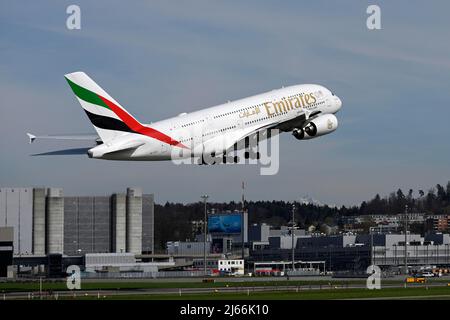 Flugzeug Emirates, Airbus A380-800, A6-EUC, Zürich Kloten, Schweiz Stockfoto