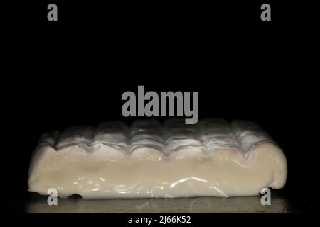 Chaumes Le Fondant Authentique, franzoesischer Weichkaese, Studiofotografie mit schwarzem Hintergrund Stockfoto