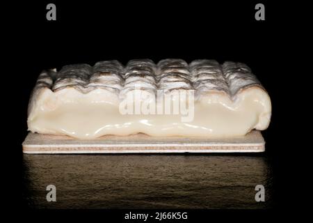 Chaumes Le Fondant Authentique, franzoesischer Weichkaese auf einem Holzbrettchen, Studiofotografie mit schwarzem Hintergrund Stockfoto