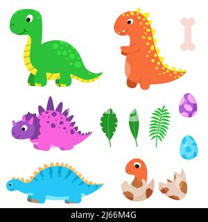 Große Reihe von lustigen Cartoon-Dinosaurier, niedliche Illustration in flachen Stil. 4 farbenfrohe Dinos, Baby, Eier und Palmblätter. Farbenfroher Druck für Kleidung, Bücher Stock Vektor