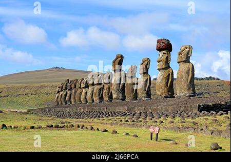 Die ikonischen fünfzehn Moai-Statuen der feierlichen Plattform von Ahu Tongariki auf der Osterinsel, Chile, Südamerika Stockfoto