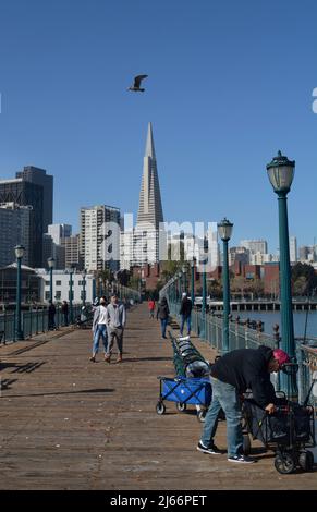 Touristen genießen den beliebten Pier 7 Angelpier mit seiner Fernsicht auf das Wahrzeichen Transamerica Pyramid Gebäude und die Skyline von San Francisco. Stockfoto