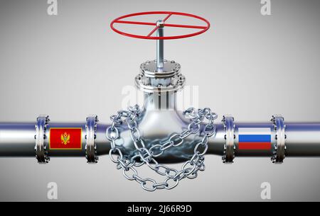 Gaspipeline mit Flaggen von Montenegro und Russland, Kette - 3D Abbildung Stockfoto