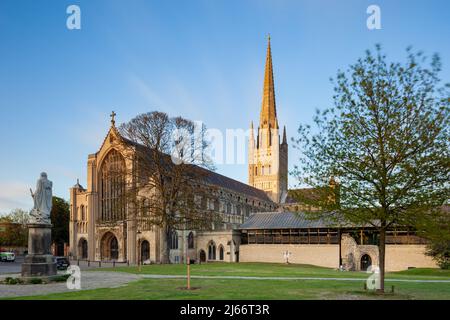 Sonnenuntergang in der Norwich Cathedral, Norwich, Norfolk, England. Stockfoto