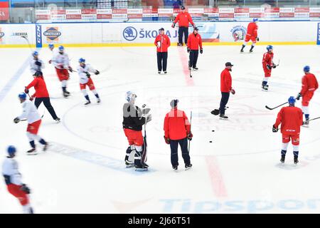 Pilsen, Tschechische Republik. 28. März 2022. Das Training der tschechischen Eishockeynationalmannschaft mit Cheftrainer Kari Jalonen in Pilsner, Tschechische Republik, 28. März 2022. Kredit: Miroslav Chaloupka/CTK Foto/Alamy Live Nachrichten Stockfoto