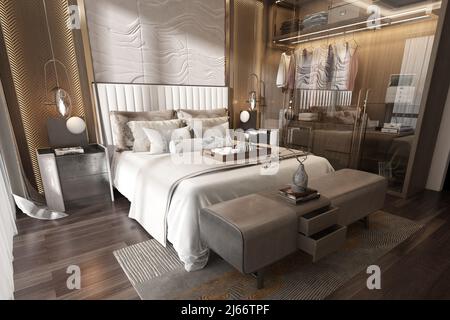 Luxus-Schlafzimmer, 3D Rendering. Stockfoto