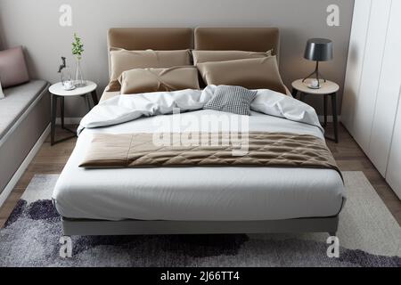 Einfaches Schlafzimmer, 3D Rendering. Stockfoto