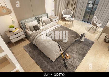 Einfaches Schlafzimmer, 3D Rendering. Stockfoto