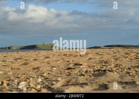 Landschaft mit einer weit entfernten Burg von Dunstanburgh auf einem Felsvorsprung vom Strand in der Nähe von Embleton aus gesehen Stockfoto