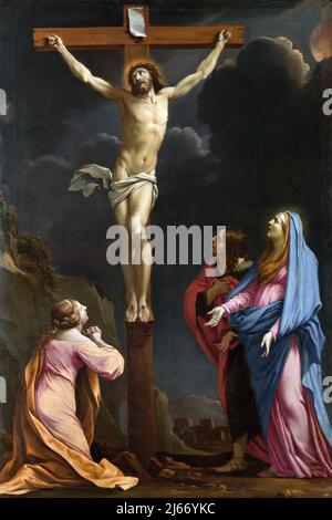 Christus am Kreuz mit der Magdalena, der Jungfrau Maria und dem heiligen Johannes dem Evangelisten von Eustache Le Sueur (1617-1655), Öl auf Leinwand, 1643 Stockfoto