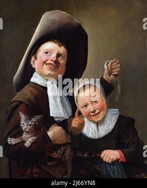 Ein Junge und ein Mädchen mit einer Katze und einem Eel von der niederländischen Malerin des Goldenen Zeitalters, Judith Leyster (ebenfalls Leijster; 1609-1660), Öl auf Eiche, 1635 Stockfoto