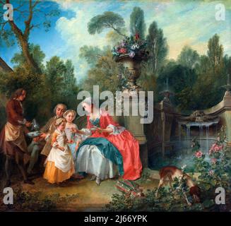 A Lady in a Garden having Coffee with Children vom französischen Künstler Nicolas Lancret (1690-1743), Öl auf Leinwand, c.. 1742 Stockfoto