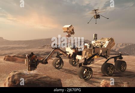 Der amerikanische Rover und sein Drohnenhubschrauber auf dem Planeten mars Stockfoto