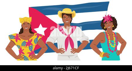 Kubanische Männer und Frauen vor dem Hintergrund der Nationalflagge Kubas, flache Vektorgrafik isoliert auf weißem Hintergrund. Reisen und Tourismus. Kubanischer Peopl Stock Vektor