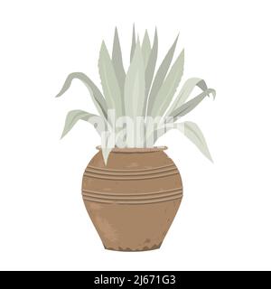 Blaue Agave in einem Blumentopf im antiken Stil, flache Vektorgrafik. Eingetopfte mediterrane Gartenpflanze. Stock Vektor