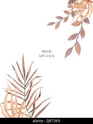 Hochzeit getrocknete Lunaria, Orchidee, Pampas Gras Blumenkranz. Exotische getrocknete Blumen, Palmblätter Boho Einladungskarte. Aquarell-Vorlagenrahmen, speichern Stockfoto