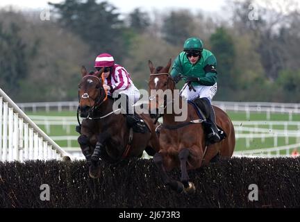 Blue Lord, geritten von Paul Townend (rechts) auf dem Weg zum Gewinn der Barberstown Castle Novice Chase am dritten Tag des Punchestown Festivals auf der Pferderennbahn von Punchestown in der Grafschaft Kildare, Irland. Bilddatum: Donnerstag, 28. April 2022. Stockfoto