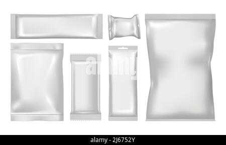 Satz leerer Produktpakete auf weißem Hintergrund, realistische Vektordarstellung in Nahaufnahme Stock Vektor