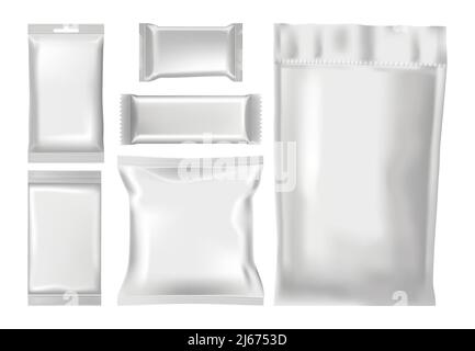 Satz leerer Produktpakete auf weißem Hintergrund, realistische Vektordarstellung in Nahaufnahme Stock Vektor