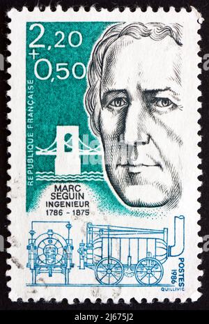 FRANKREICH - UM 1986: Eine in Frankreich gedruckte Marke zeigt Marc Seguin, Ingenieur und Erfinder, um 1986 Stockfoto