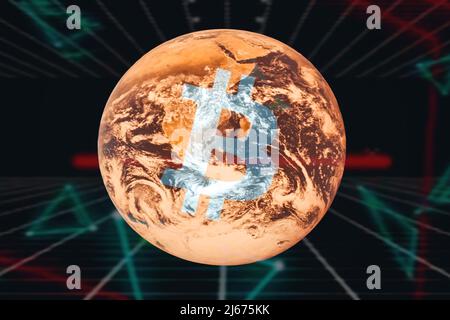 Kreative konzeptuelle Bitcoin-Illustration mit Erdkugel und Neonlicht Stockfoto