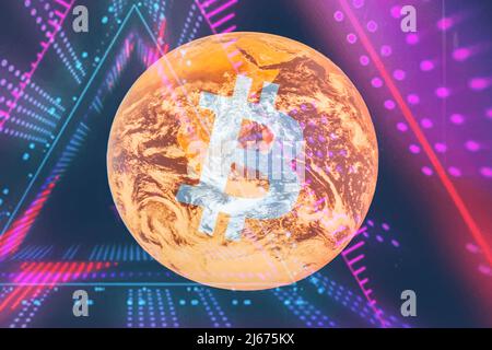 Kreative konzeptuelle Bitcoin-Illustration mit Erdkugel und Neonlicht Stockfoto