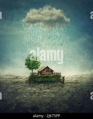 Schönes Gemälde von Oasis-Konzept mit einem Bauernhaus mit grünem Hof in der Mitte eines trockenen, rissigen Boden, unter einer einzigen Regenwolke. Umgebung A Stockfoto