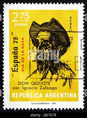 ARGENTINIEN - UM 1975: Eine in Argentinien gedruckte Briefmarke zeigt Don Quixote, Zeichnung von Ignacio Zuloaga, um 1975 Stockfoto