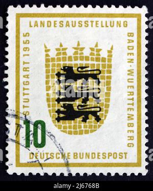 DEUTSCHLAND - UM 1955: Eine in Deutschland gedruckte Briefmarke zeigt Wappen Baden-Württembergs, Ausstellung Baden-Württemberg, Stuttgart, 1955, um 1955 Stockfoto