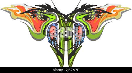 Bunte Schmetterlingsflügel auf weißem Hintergrund. Gefährliche Schmetterlingsflügel mit Schlangenelementen für Urlaub, Events, Stoffprodukte, Tapeten Stockfoto