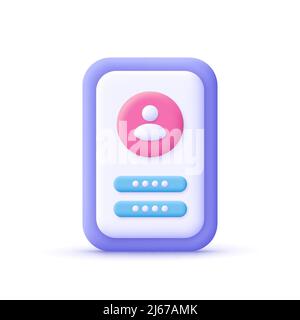 Kontoanmeldung und Passwortformular in der Smartphone-App. Benutzerautorisierung, Anmelde-Authentifizierungsseite, Anmeldekonzept. 3D Vektorsymbol. Cartoon minimal sty Stock Vektor