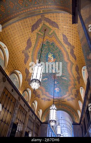 Detail die opulente marmorgesäumte Lobby, das Fisher-Gebäude, ein Art déco-Wolkenkratzer aus dem Jahr 1928, Detroit, Michigan, USA Stockfoto