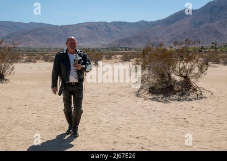 In der Nähe von Borrego Springs in Südkalifornien gibt es Metallstatuen von Tieren wie Pferden, Wildschweinen, Adlern, Kamelen und Drachen. Stockfoto