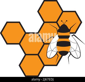 Abbildung von Honigwaben und Bienen auf weißem Hintergrund isoliert Stock Vektor