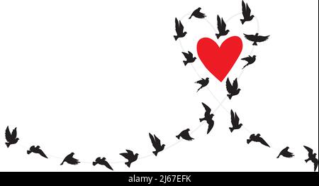 Fliegende Vögel Silhouetten um ein Herz isoliert auf weißem Hintergrund, Vektor. Das durchgehende Herz der Vögel schart sich in Harmonie. Wandtattoos, Wandbilder Stock Vektor