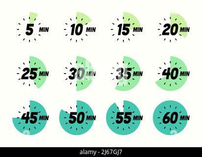 Gruppe von Farbtimern, moderne minimalistische Illustration. Set mit 5, 10, 15, 20, 25, 30, 35, 40, 45, 50, 55- und 60-Minuten-Nummern. Verschiedene Uhren. Stock Vektor