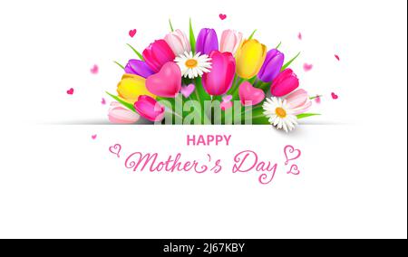 Glückwunschkarte zum Muttertag - Papierbanner mit Blumenstrauß aus bunten Tulpen, Herzen und herzförmigen Konfetti Stock Vektor