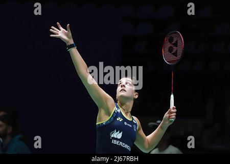 Madrid, Spanien. 28. April 2022. Carolina Marin aus Spanien spielt beim Finale der Badminton-Europameisterschaft im Viertelfinale in Madrid gegen die dänische Linie Hojmark Kjaersfeldt. Carolina Marin besiegt Line Hojmark mit den Ergebnissen (21, 14, 21) vs (11, 21, 17) Credit: SOPA Images Limited/Alamy Live News Stockfoto