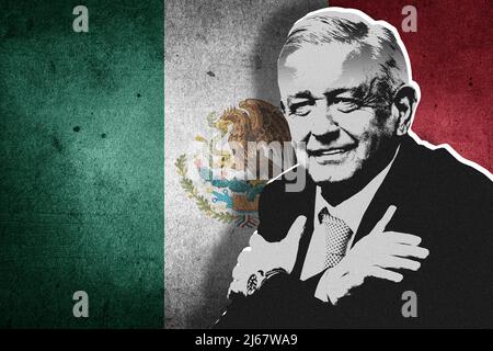 Andrés Manuel López Obrador (AMLO) und Flagge Mexikos Stockfoto