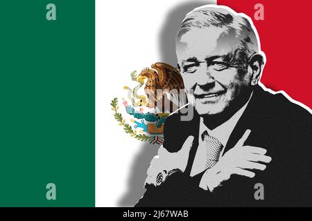 Andrés Manuel López Obrador (AMLO) und Flagge Mexikos Stockfoto