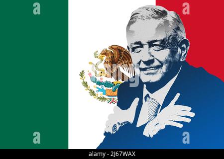 Andrés Manuel López Obrador (AMLO) und Flagge Mexikos Stockfoto