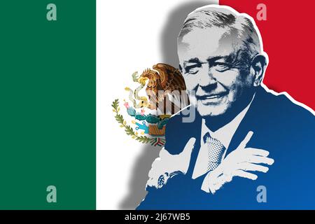 Andrés Manuel López Obrador (AMLO) und Flagge Mexikos Stockfoto