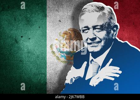 Andrés Manuel López Obrador (AMLO) und Flagge Mexikos Stockfoto