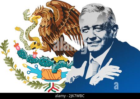 Andrés Manuel López Obrador (AMLO) und National Shield of Mexico Stockfoto