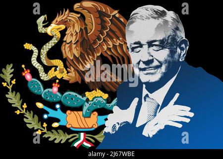 Andrés Manuel López Obrador (AMLO) und National Shield of Mexico Stockfoto