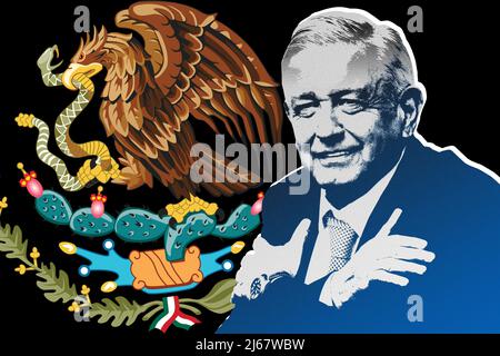 Andrés Manuel López Obrador (AMLO) und National Shield of Mexico Stockfoto