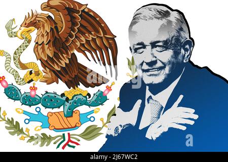 Andrés Manuel López Obrador (AMLO) und National Shield of Mexico Stockfoto