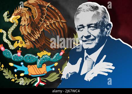 Andrés Manuel López Obrador (AMLO), Flagge von Mexiko und Nationalschild Stockfoto